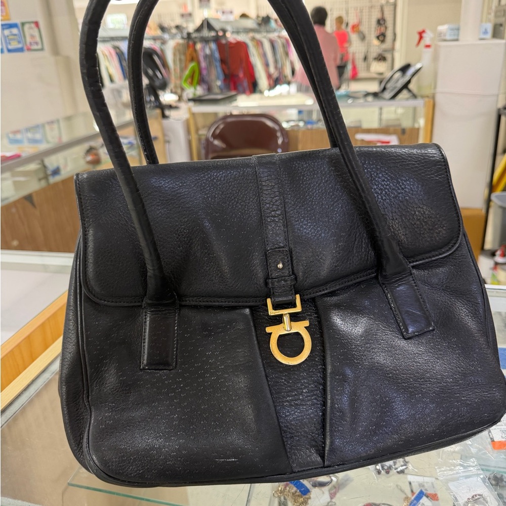 Salvatore Ferragamo Black Leather Interior Tag with Gold Foil
